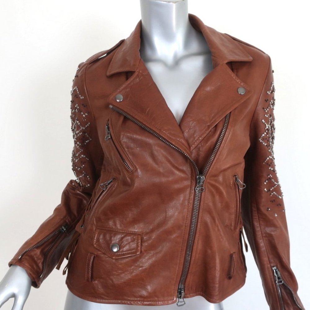 3.1 PHILLIP LIM CRYSTAL-EMBELLISHED LEATHER MOTORCYCLE JACKET BROWN SIZE 6 - Picture 1 of 10